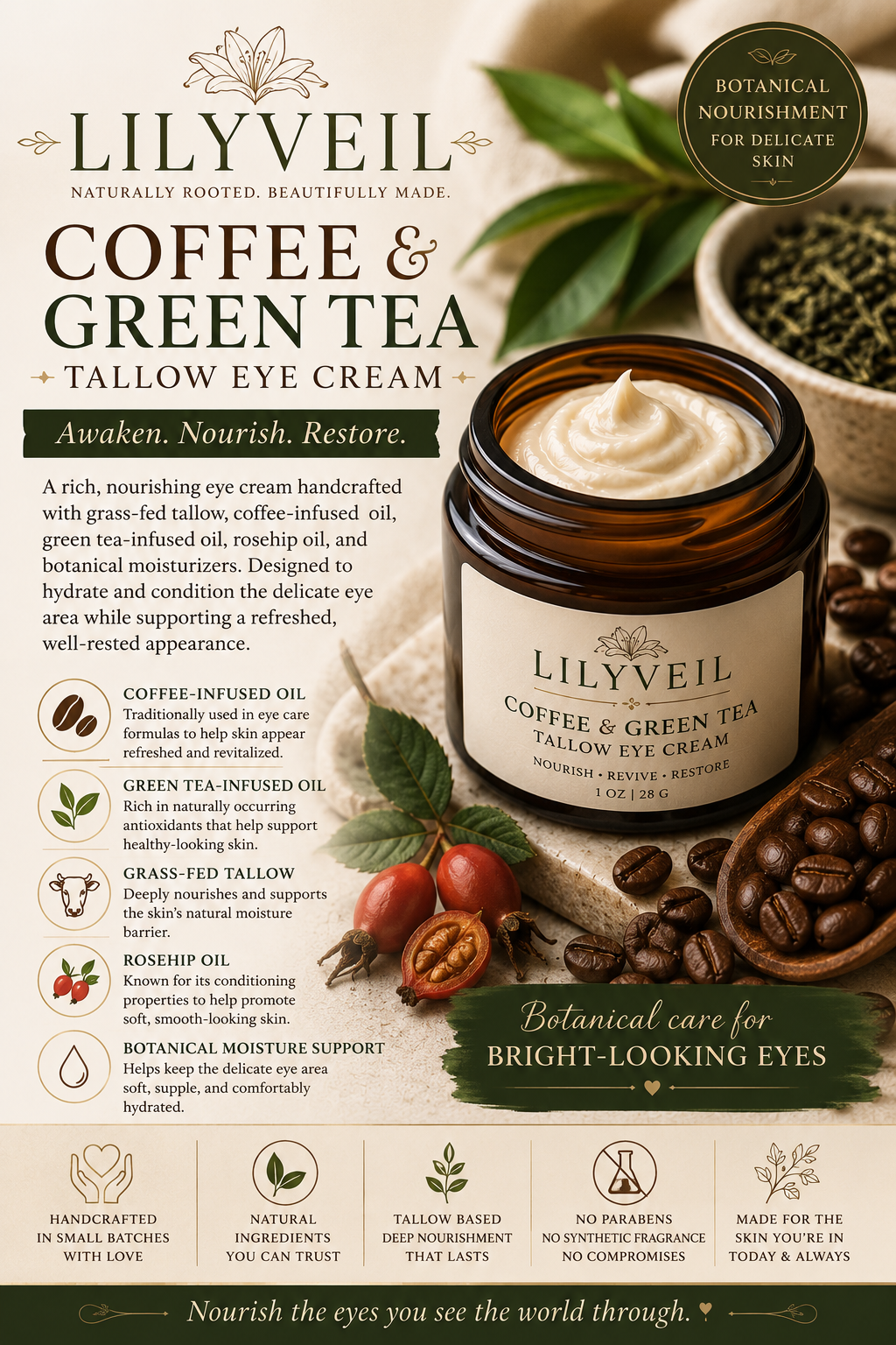 Lilyveil Coffee & Green Tea Tallow Eye Cream Nourishing Botanical Eye Care