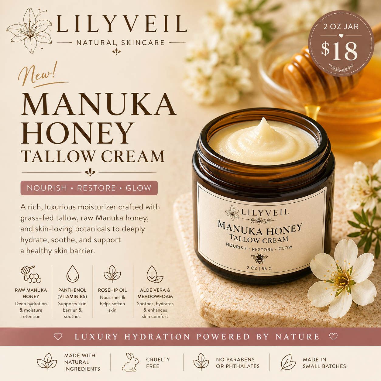 LILYVEIL
MANUKA HONEY
TALLOW CREAM

Deep Hydration • Barrier Support • Radiant Glow